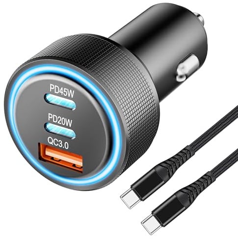 USB C Car Charger, 3 Port 65W Cigarette Lighter USB Charger Dual USB-C Car Charger Adapter QC3.0 Type C Car Accessories Fast Charge for iPhone 16/15/14/13 Pro Max, Samsung Galaxy S25/S24/S23