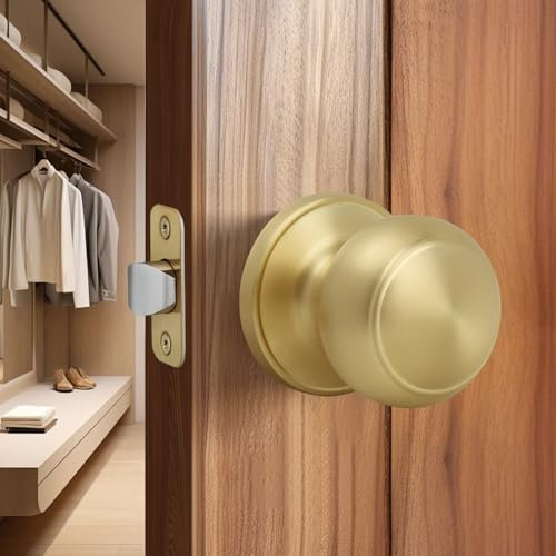 Moquin Flat Ball Passage Door Knob No Lock, Round Interior Door Knob in Satin Brass Finish, Non-Locking Doorknob Without Keys for Hallway Closet
