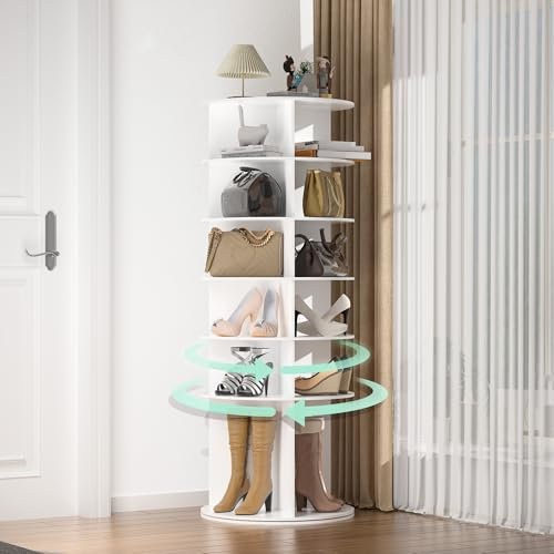 Drehbarer Schuhschrank mit 6 Ebenen,360° drehbar Hohes Sohlendesign,Große Kapazität Vitrine für 18 Paar Schuhe,Kann Stiefel halten,Φ 60cm*160cm,Weiß