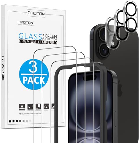 OMOTON für iPhone 16 für Panzerglas mit Rahmen-Installationshilfe, kompatibel mit iPhone 16 Kamera Schutzfolie, Anti- Kratzer, Bläschenfrei, 9H Härte Folie, 3+3 Stück