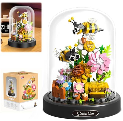 SKIKHN Juego de Construcción de Ramo de Flores,Ramo de Bloques de Construcción,Ramo de Flores Bloque con Cúpula a Prueba de Polvo luz LED,Flores de Abeja Regalos Creativos para Niñas y Niños (588 pcs)