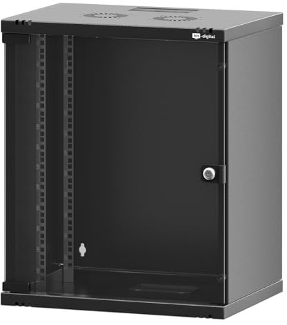 hb-digital Netzwerkschrank 19Zoll 12HE Wandmontage Glastür Sichttür Schloss Wandgehäuse für EDV Router Patchpanel Traglast 60kg robust Tiefe 400mm abschließbar mit Lüftung Unmontiert - Schwarz