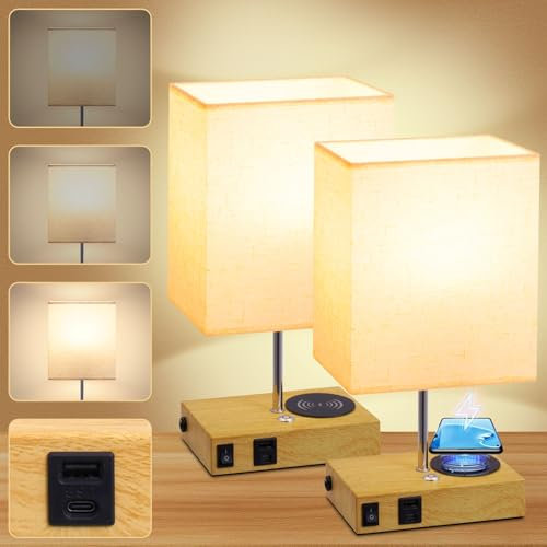 Ankishi Nachttischlampe Touch Dimmbar, LED Tischlampe mit Kabellosem Laden/USB A+C-Anschluss, Nachttischlampe mit Ladefunktion, E27 Nachttisch 2er Set, Tischleuchte Schlafzimmer Nachtlicht