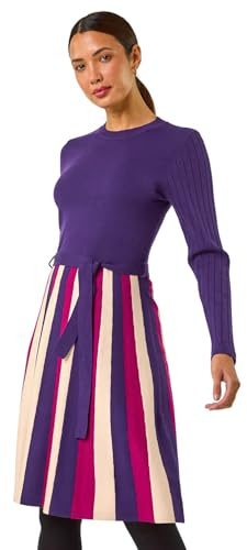 Roman Originals Vertical Stripe Knitted Dress for Women UK - Ladies Everyday Autumn Winter Round Neckline Comfy Soft Evening Vacation Work Party Night Out - Purple - Size 18