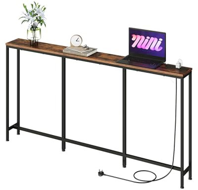 CHOEZON DTXG16KBF Table console étroite de 160 cm avec prise de courant, table de canapé fine de 18 cm, longue derrière canapé avec station de charge, pour entrée, couloir, salon, marron rustique et