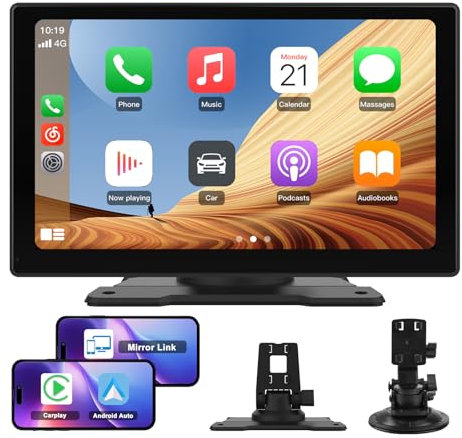 Hexinex Pantalla Carplay para Coche con CarPlay/Android Auto Inalámbrico, Pantalla Táctil de 9 Pulgadas Portátil, Admite Bluetooth/Mirror Link/Control por Voz/USB/TF/AUX, Negra