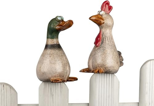 formano Zaundeko 2er-Set Gans und Huhn 18 + 20 cm Figur Steinzeug zum Aufstecken handbemalt Lustige Zaunfiguren für Garten Balkon Terrasse wetterfest Sommerliche Gartendeko