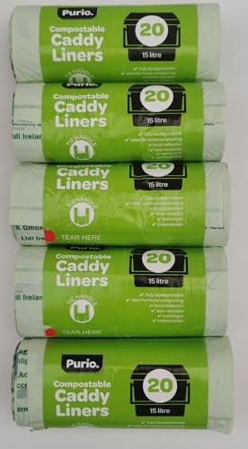 Compostable Caddy Bin Liners – 5 x 20 Bags (100 Total) – 15L Capacity – Tie Handle – Watertight & Tear Resistant – Food Waste Bags