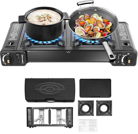 Réchaud à gaz à 2 brûleurs, réchaud de camping avec bac à barbecue et mallette de rangement, portable pour barbecue, camping en plein air, 64 x 27,8 x 8 cm (réchaud de camping + bac à grill)