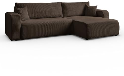 Margaret Hadas24 Ecksofa L-Form Sofia 277 x 143 cm mit Schlaffunktion & Bettkasten – modernes Cord Sofa, Schlafsofa, Schlafcouch – Bequeme Wohnlandschaft mit Stauraum, universale Seite (braun)