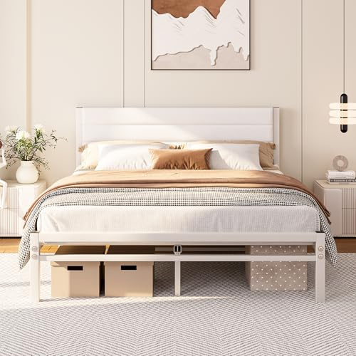 JUISSANO Bett 140x200 mit Stauraum und lattenrost,Bettgestell Metallbett 140x200 Bett mit Kopfteil,Bettrahmen aus Metall,Modern Doppelbett Polsterbett Bed Frame Weiß