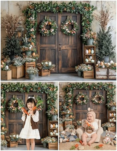 WaW 2,7x1,8m Ostern Fotohintergrund Rustikale Holztür mit Blumen Ostereiern Foto Hintergrund für Studio Kinder Fotografie