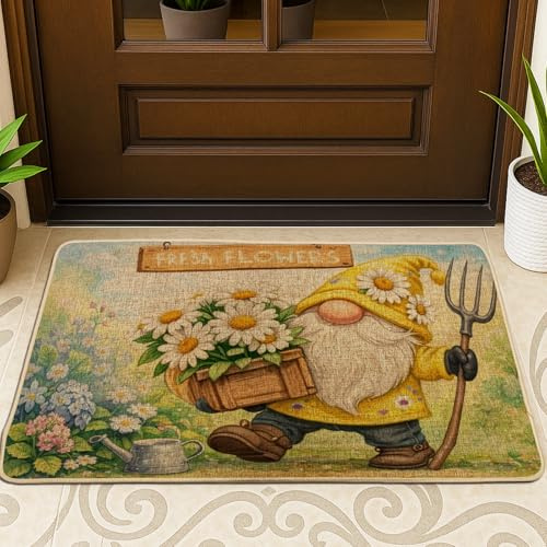 Wichtel-Fußmatte, Frühlingsblumen, Gießkanne, Frühling, gelb, Gummi, rutschfest, Willkommensmatte, Outdoor-Dekoration für Haustür, Eingang, Terrasse, 73,2 x 43,2 cm