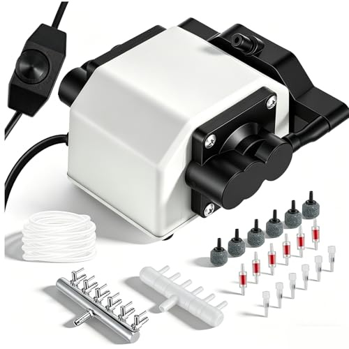 Eirolace 25W Aquarium Luftpumpe with 6 Outlets,3300L/H Maximal Leistung Aquariumpumpe, Einstellbar Aquarium Luftpumpe Extrem Leise mit Magnetic Drive für Große Aquarien, Gartenteiche und Fischzucht
