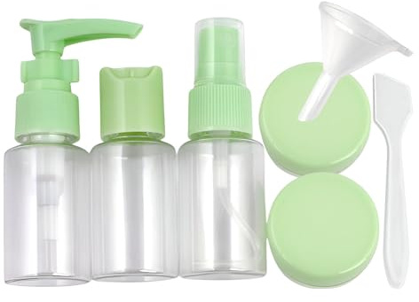 Reiseflaschen Set 7-teilig mit Kulturbeutel – 30 ml Reisebehälter mit Pumpflasche, Sprühflasche & Döschen + Trichter & Spatel – auslaufsicher, nachfüllbar, handgepäcktauglich, Farbe: Grün