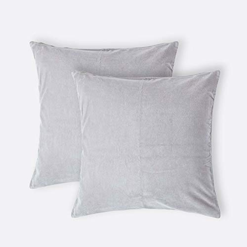 HOMESCAPES Set of 2 Light Grey Velvet Cushion Covers Super Soft Cotton Velvet Luxury Square Scatter Cushions Silver Plain Accent Pair of Throw Pillows for Sofa and Bed Decoration, 40 x 40cm