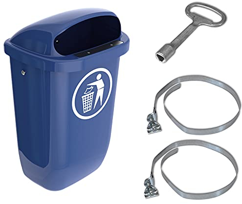 SULO Original Set Abfallbehälter Papierkorb mit Regenhaube | Der Klassiker Made in Germany | 50 Liter | Blau | Mit 2 Befestigungsschellen & 1 Dreikantschlüssel | H740xB432xT256mm