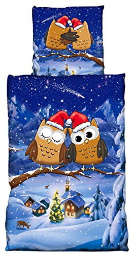 one-home Flausch Bettwäsche 135 x 200 cm Winter Eulen blau Weihnachten weich Thermofleece