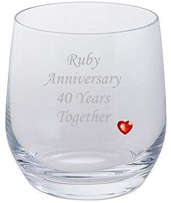 2 Ruby Anniversary 40 Years Together Pair of Dartington Tumblers Brandy Glasses with Ruby Gem Heart