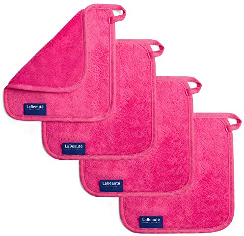LaBeauté Serviettes microfibres démaquillantes visage (4 pièces) – Nettoyantes et démaquillantes – Lingettes démaquillantes lavables et réutilisables (21 x 21 cm, rose)