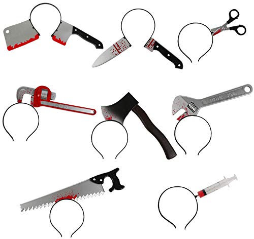 Morbuy Accessoires Halloween Bandeaux Decoration, Serre-tête Horreur Luxe Adulte Scie Hache Ciseaux Aiguille À Travers La Tête Effrayant Serre-tête Couvre-Chef Déguisement Accessoire (8PC Set)