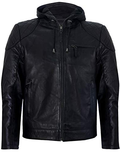 Men's Vintage Retro Casual Zipped 100% Leather Hooded Bomber Biker Jacket