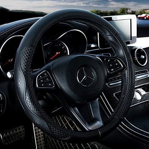 Menifomory Schwarzer Leder-Auto-Lenkradbezug, Rindsleder-Radbezug, echtes Leder, SUV-Lenkradbezüge, universell, 38cm, passend für Auto/Auto/SUV (A-Schwarz-M)