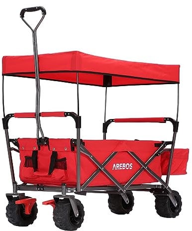 Arebos Chariot à Bras Pliable avec Toit | Utilitaire Pliable avec 2 Poches en Filet et Une Poche extérieure | Jusqu'à 100 kg de capacité de Charge | Rouge