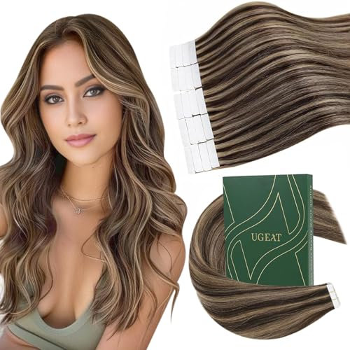 Ugeat Extensions Echthaar Tape 45 cm karamell Natürlich Tape in Extensions Echthaar Extensions Schokobraun mit Dunkelblond Unsichtbar 50G für Frauen 20 Stück #P4/27
