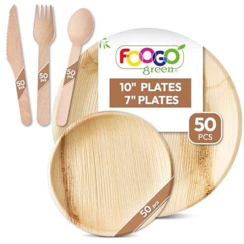 FOOGO Green 250pcs Disposable Palm Leaf Plates and Wooden Cutlery Set, FSC® Certified, 50x Large Round, 50x Small Side Plates, 50x Spoons, 50x Forks, 50x Knives, Eco Biodegradable