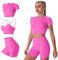 IMEKIS Damen 3 tlg Fitness Set Sport-BH mit Crop-Top und Shorts Nahtlose Yoga Kleidung Fitness Workout Outfit Frauen Slim Fit Sommer Biker Activewear Laufanzug Rose M