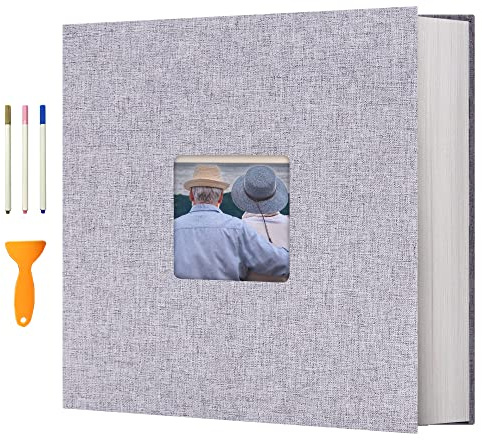 Vienrose Photo Album Self Adhesive Book with Window 120 Pages 33x32cm Grey | Linen Cover, Scrapbook Album, 4X6 8X10 Photos, Metallic Pen, Wedding Baby Travel