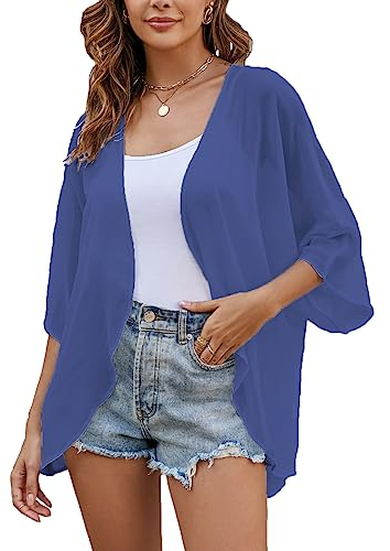 Sheer Chiffon leichte Kimono Strickjacken Solide Farben offener Vorderseite Kurze Cover ups Dunkelblau M