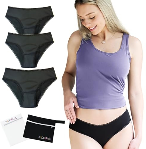 MOOPRA Lot de 3 Culottes Menstruelles Idéales Flux Abondant - 4 Couches Ultra Absorbantes - Femmes et Adolescentes - Oeko-TEX, Lavable et réutilisable + Pochette + Filet de Lavage (Taille 42 - L)