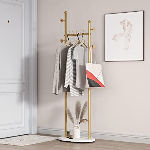 Smlttel Goldener Kleiderständer mit Regalen, goldfarbene Garderobe, freistehend mit Marmorsockel, Garderobenständer, Hutbaum-Garderobe, stehende Kleiderständer für Boutique, Schlafzimmer