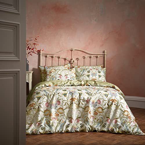 Edinburgh Weavers EW Songbird Duvet Cover Set – Floral Bird Print 100% Cotton, Cord Piped Trim (Stone – Super King)