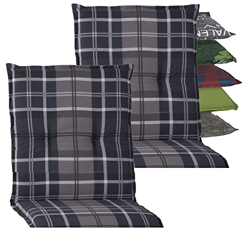 Beo Niedriglehner Auflagen 2er Set Barcelona | Made in EU nach Öko-Tex Standard | Waschbare Stuhlauflage Niedriglehner mit Halteband | Atmungsaktive Auflagen Niedriglehner in Grau-Anthrazit Kariert