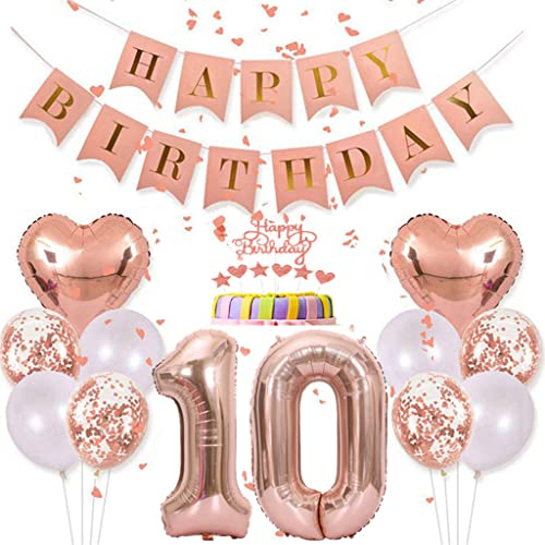 Conruich Deko 10. Geburtstag Frau, Rosegold Tortendeko Geburtstag 10 Jahre Mann, Geburtstagsdeko 10 Jahre, Rosegold Ballon 10 Geburtstags Mädchen, Happy Birthday Banner Deko 10 Geburtstags Frauen