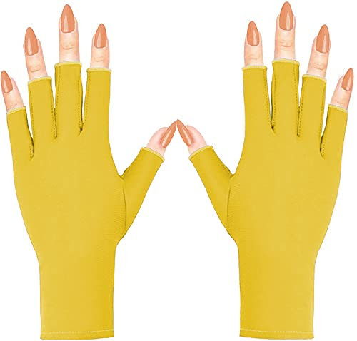 COOSLIM Anti UV Gloves for Gel Nail Lamp, UPF50+ Protection Gloves for Manicures, UV Sun Protection Gloves for Women-Yellow