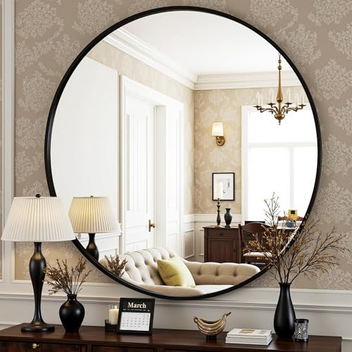 Antok Spiegel Rund, 60cm Schwarz Dekorative Wandspiegel für Bad, Eitelkeit, Wohnzimmer, Eingangsbereich, Runder Spiegel Hängend oder Lehnend, Aluminium Rahmen