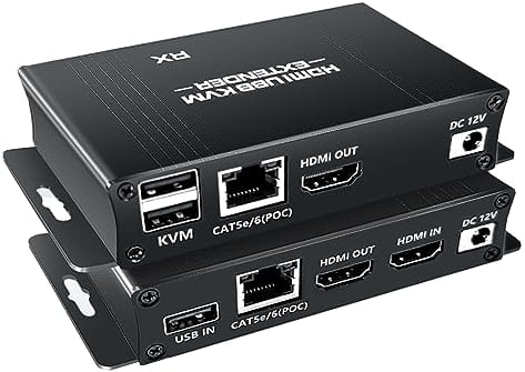 BolAAzuL KVM Extender HDMI 50M USB 2.0 1080P 60HZ Switch HDMI KVM Câble Réseau RJ45 Cat5e/6 Commutateur Extenseur KVM avec Boucle de Sortie et Fonction POC Balun Compatible avec PC TV Xbox Blu-Ray DVD
