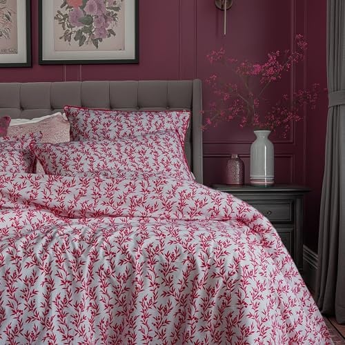 LERUUM Bedding Double Bed Set Duvet Cover Cotton Set Fuchsia Pink Autumnal Leaf Floral Pattern Quilt Cover Set For Girl Kid Children (Double)