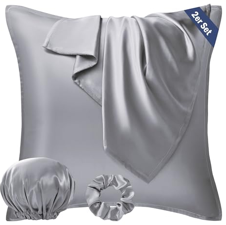 Seiwohl Satin Kissenbezug 65x65 2er Set, Weich wie Seidenkissenbezug Silk Pillowcase, Vegane Seide Kopfkissenbezug Kissenhülle Haarschutz für die Nacht mit Haargummi und Haarhaube, Grau