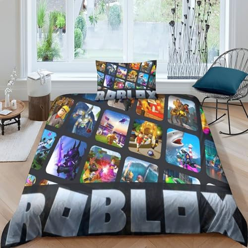 HESHS Roblox Bettbezug Set Gedruckte Bettwäsche Game Quilt Cover Mit Reißverschluss,3 Stücke Tröster Bezug Mit Kissenbezügen, Weiche Leichte Mikrofaser Für Kinder Teens Erwachsene Single(135x200cm)