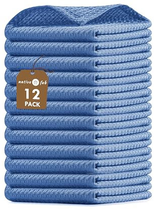 Native Fab Set of 12 Kitchen Dish Cloths Cotton 12x12 Absorbent Washable, Dish Towels, Restaurant Cleaning Towels, Bar Mops Towels, Rags for Home Kitchen Bars, Light Blue