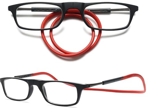 VEVESMUNDO Magnetische Lesebrillen um den Hals Klemmen Leicht Magnetverschluss Damen Herren Lesehilfe Brillen mit magnet (1 Stück Schwarz&Rot, 1.75)