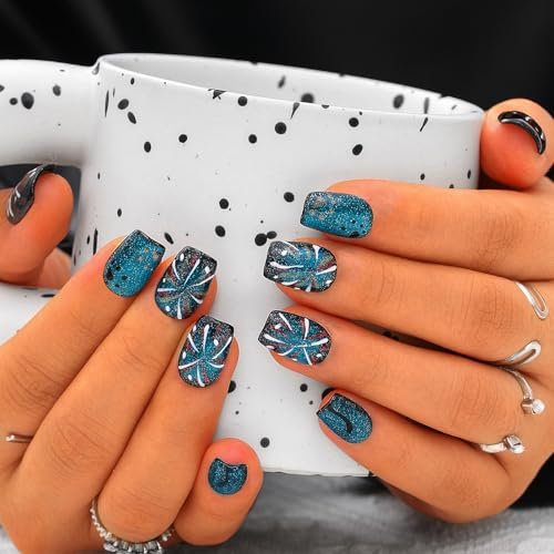 Sethexy Blue Cat Eye Handmade Press On Nails Short Coffin Acrylic False Nails with Design Glossy Hand-painted Salon Fake Nails for Women and Girls 10PCS (Blue4)