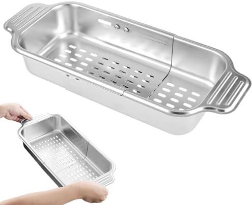 Colador para colocar sobre el fregadero, colador rectangular extensible de acero inoxidable 304 para drenar pasta frutas verduras