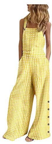 Pantaloni da lavoro da donna per la cura con molte tasche – Salopette da donna per carnevale, pantaloni estivi a quadri, tuta larga, soffice, playsuits, giallo., S