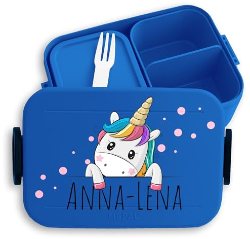 Kinder Bento Box Midi für Mepal Bentobox - Einhörner - Brotbox Einhorn süß Lunchbox Unicorn I - 900 ml - Blau - personalisierte brotdose einschulung jausenbox mädchen schule einhörnern
